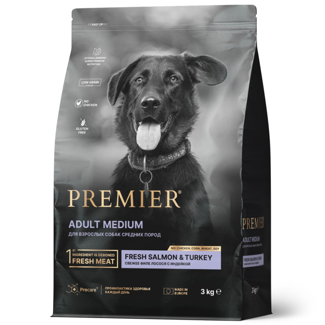 Premier Dog Salmon &amp; Turkey Adult Medium сухой корм для собак средних пород, свежее филе лосося с индейкой - 3 кг