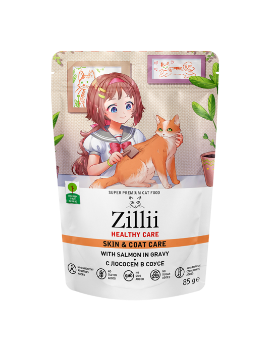 Zillii Healthy Care Skin &amp; Coat Care влажный корм для взрослых кошек, поддержка здоровья кожи и шерсти, с лососем в соусе, в паучах - 85 г х 24 шт