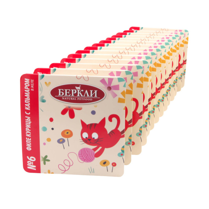 Беркли № 6 влажный корм для кошек всех возрастов, филе курицы с кальмаром, в желе - 100 г х 14 шт