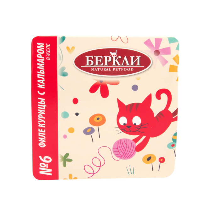Беркли № 6 влажный корм для кошек всех возрастов, филе курицы с кальмаром, в желе - 100 г х 14 шт