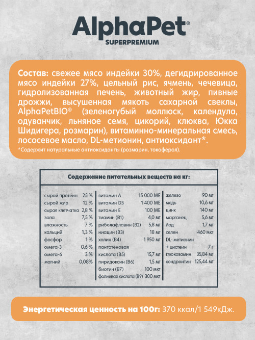 AlphaPet Superpremium Monoprotein сухой корм для взрослых собак средних и крупных пород с индейкой - 12 кг