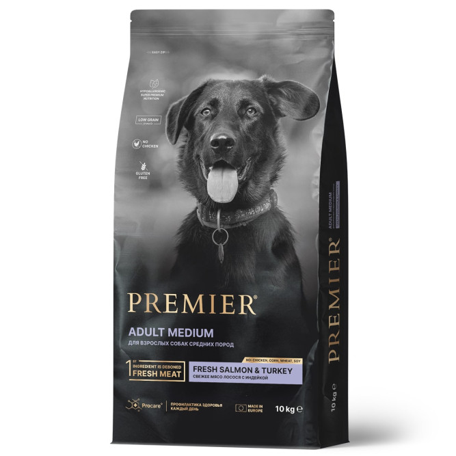 Premier Dog Salmon &amp; Turkey Adult Medium сухой корм для собак средних пород, свежее филе лосося с индейкой - 10 кг