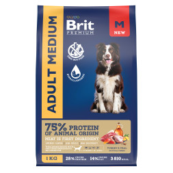 Brit Premium Dog Adult Medium сухой корм для взрослых собак средних пород (10-25 кг), с индейкой и телятиной - 1 кг