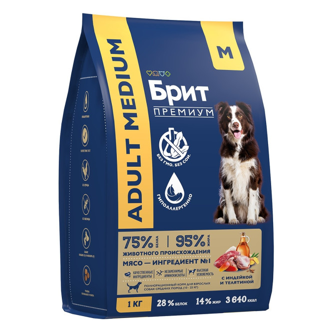 Брит Премиум Dog Adult Medium сухой корм для взрослых собак средних пород (10-25 кг), с индейкой и телятиной - 1 кг