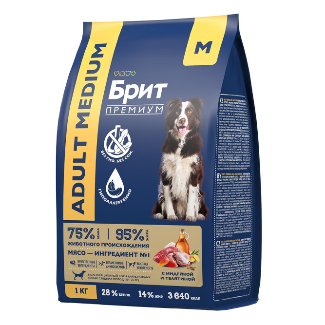 Брит Премиум Dog Adult Medium сухой корм для взрослых собак средних пород (10-25 кг), с индейкой и телятиной - 1 кг