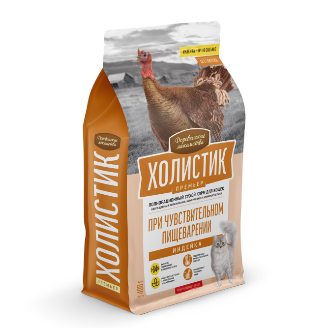 Деревенские лакомства Холистик Премьер сухой корм для кошек при чувствительном пищеварении, с индейкой - 400 г