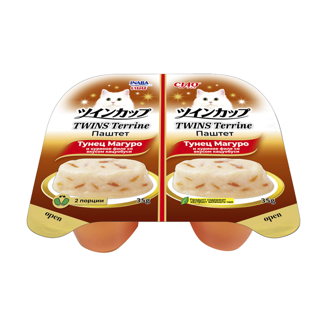 Inaba Ciao Twins Terrine влажный дополнительный корм для взрослых кошек, паштет из тунца Магуро с куриным филе со вкусом кацуобуси, в ламистерах - 70 г х 8 шт