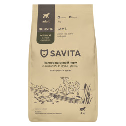 Savita Adult сухой корм для взрослых собак всех пород, с ягненком и бурым рисом - 3 кг