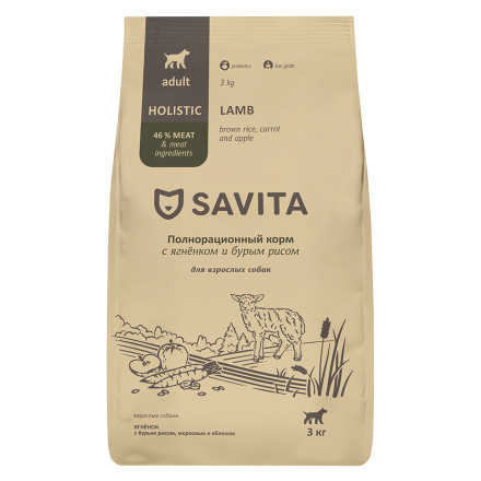 Savita Adult сухой корм для взрослых собак всех пород, с ягненком и бурым рисом - 3 кг