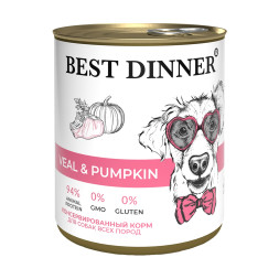 Best Dinner влажный корм для взрослых собак и щенков всех пород с телятиной и тыквой, фарш, в консервах - 850 г х 6 шт