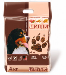 Дилли сухой корм для взрослых собак говяжья печень с овсянкой - 4 кг