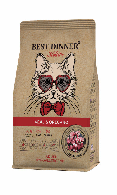 Best Dinner Holistic Hypoallergenic Adult Cat Veal &amp; Oregano сухой гипоаллергенный корм для взрослых кошек с проблемами пищеварения с телятиной и орегано - 10 кг