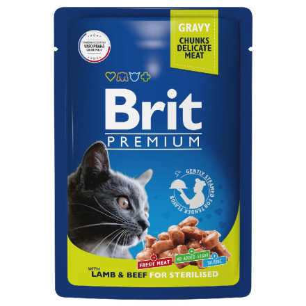 Brit Premium паучи для взрослых кошек с ягненком и говядиной кусочки в соусе - 85 г х 14 шт