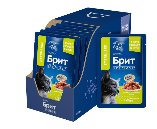 Брит Премиум паучи для взрослых кошек с ягненком и говядиной кусочки в соусе - 85 г х 14 шт