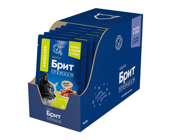 Брит Премиум паучи для взрослых кошек с ягненком и говядиной кусочки в соусе - 85 г х 14 шт