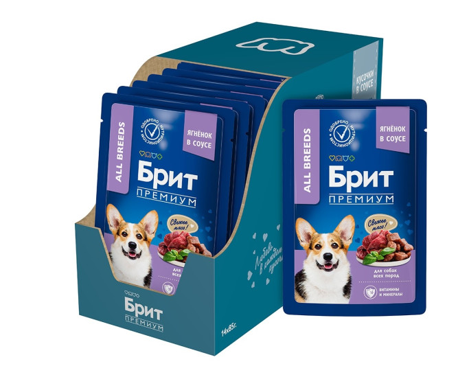 Брит Премиум паучи для взрослых собак всех пород с ягненком в соусе - 85 г х 14 шт