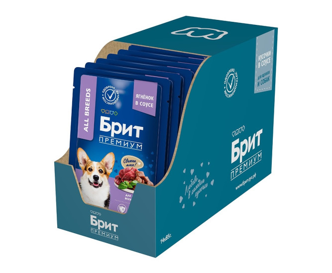 Брит Премиум паучи для взрослых собак всех пород с ягненком в соусе - 85 г х 14 шт