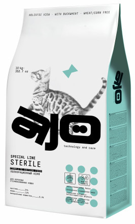 AJO Cat Sterile сухой корм для активных стерилизованных кошек с высоким содержанием белка, с индейкой и уткой - 10 кг