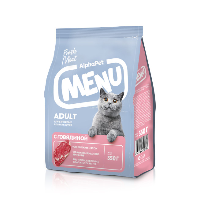 AlphaPet MENU сухой корм для взрослых кошек с говядиной - 350 г