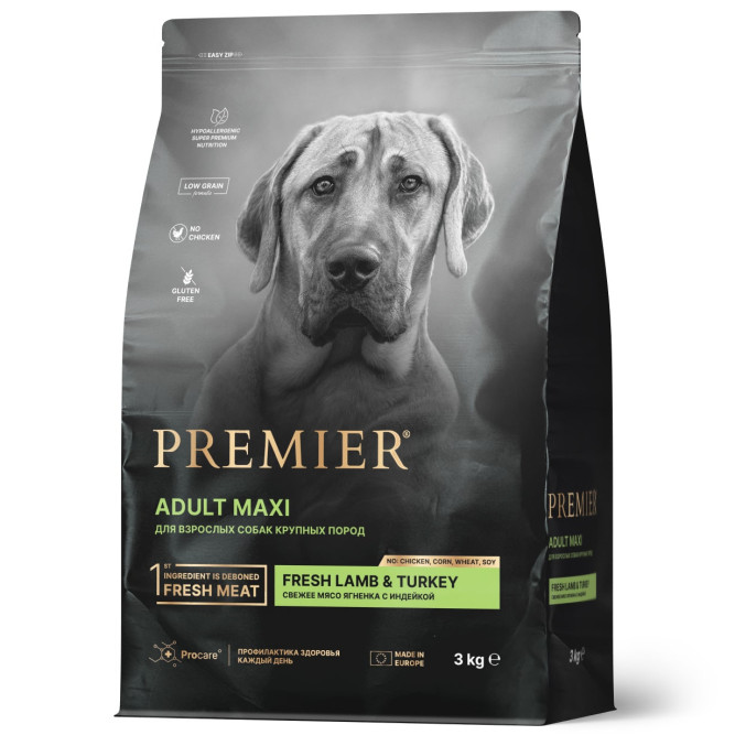 Premier Dog Lamb &amp; Turkey Adult Maxi сухой корм для собак крупных пород, свежее мясо ягненка с индейкой - 3 кг
