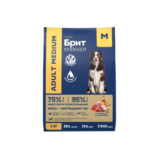 Брит Премиум Dog Adult Medium сухой корм для взрослых собак средних пород (10-25 кг), с индейкой и телятиной - 3 кг