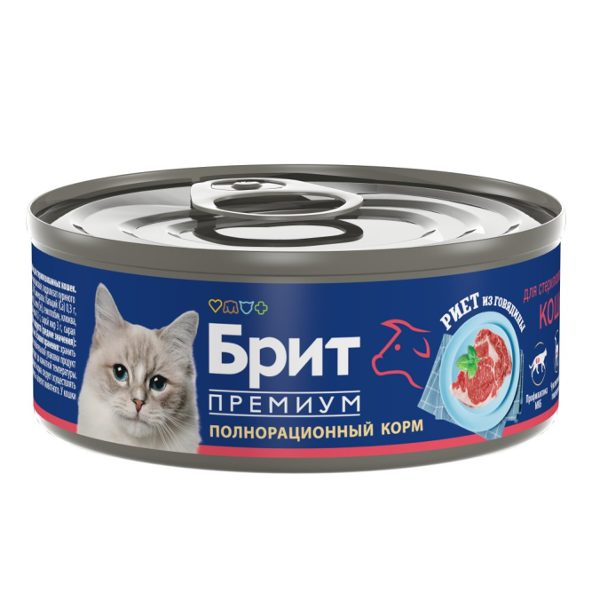 Брит Премиум влажный корм для взрослых стерилизованных кошек, риет из говядины, в консервах - 100 г х 12 шт