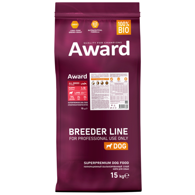 AWARD PFB сухой корм для щенков всех пород от 1 месяца, беременных и кормящих сук, с ягненком, индейкой, яблоком и черникой - 15 кг