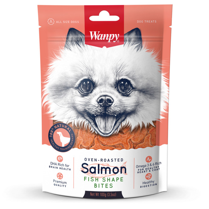 Лакомство Wanpy Dog для собак кусочки из нежного лосося в форме рыбок 100 г