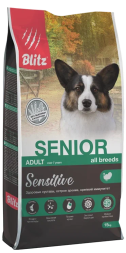 Blitz Adult Senior Sensitive сухой корм для собак всех пород старше 7 лет с чувствительным пищеварением, с индейкой - 15 кг