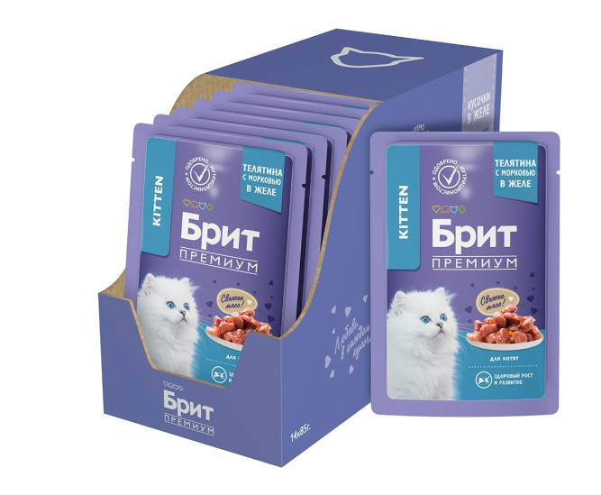 Брит Премиум паучи для котят с телятиной и морковью кусочки в желе - 85 г х 14 шт