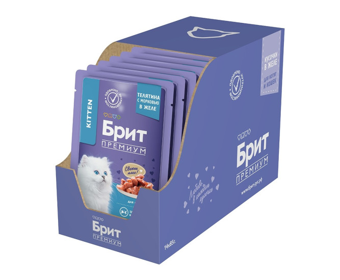 Брит Премиум паучи для котят с телятиной и морковью кусочки в желе - 85 г х 14 шт