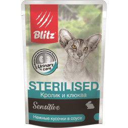 Blitz Sensitive Sterilised паучи для стерилизованных кошек с чувствительным пищеварением, с кроликом и клюквой - 85 г х 24 шт