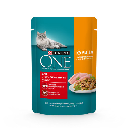 Purina ONE влажный корм для стерилизованных кошек с курицей и зеленой фасолью, в паучах - 75 г х 26 шт