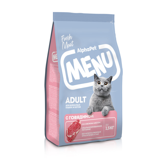 AlphaPet MENU сухой корм для взрослых кошек с говядиной - 1,5 кг