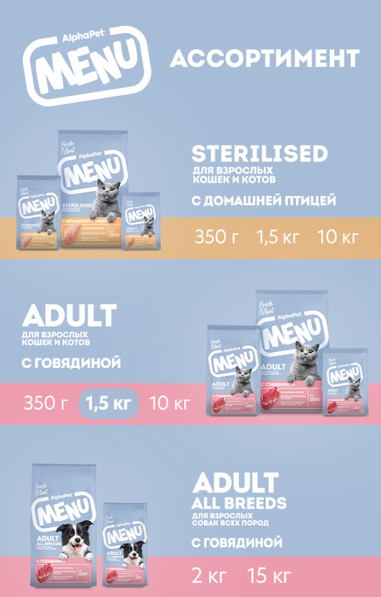 AlphaPet MENU сухой корм для взрослых кошек с говядиной - 1,5 кг