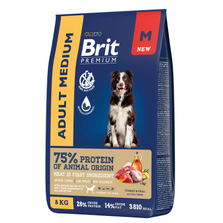 Brit Premium Dog Adult Medium сухой корм для взрослых собак средних пород (10-25 кг), с индейкой и телятиной - 8 кг