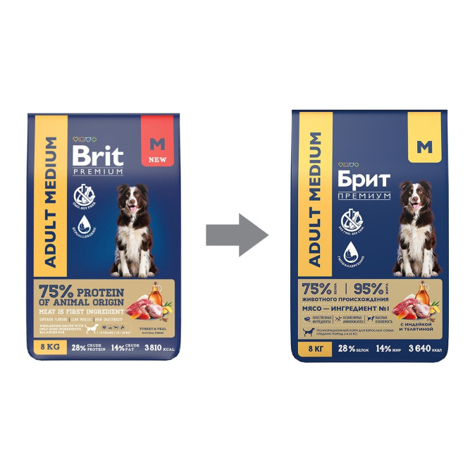 Брит Премиум Dog Adult Medium сухой корм для взрослых собак средних пород (10-25 кг), с индейкой и телятиной - 8 кг