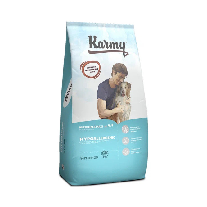 Karmy Hypoallergenic Medium &amp; Maxi полнорационный сухой корм для взрослых собак средних и крупных пород, склонных к пищевой аллергии, с ягненком - 14 кг