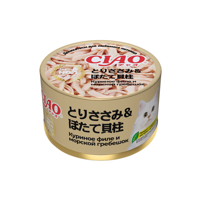 Inaba Ciao Can влажный дополнительный корм для взрослых кошек с куриным филе и морским гребешком в желе, в консервах - 85 г х 24 шт
