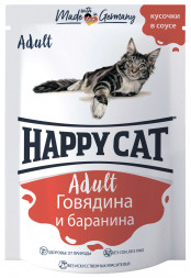 Happy Cat паучи для взрослых кошек с говядиной и бараниной в соусе - 100 г х 24 шт (Россия)
