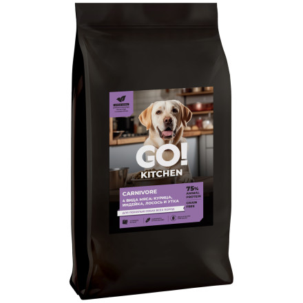 Go&#039; Kitchen CARNIVORE Grain Free сухой беззерновой корм для пожилых собак всех пород, с курицей, индейкой, лососем и уткой - 9,98 кг