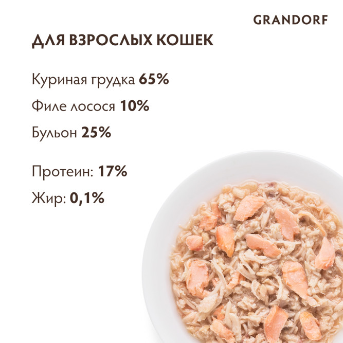 Grandorf chicken With Salmon In Broth влажный корм для кошек, куриная грудка с лососем - 70 г х 6 шт