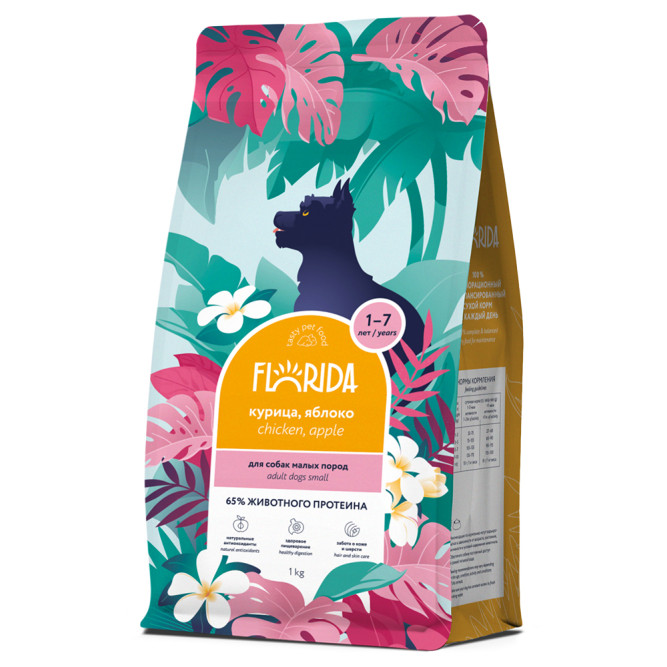Florida сухой корм для взрослых собак мелких пород с курицей и яблоком - 1 кг
