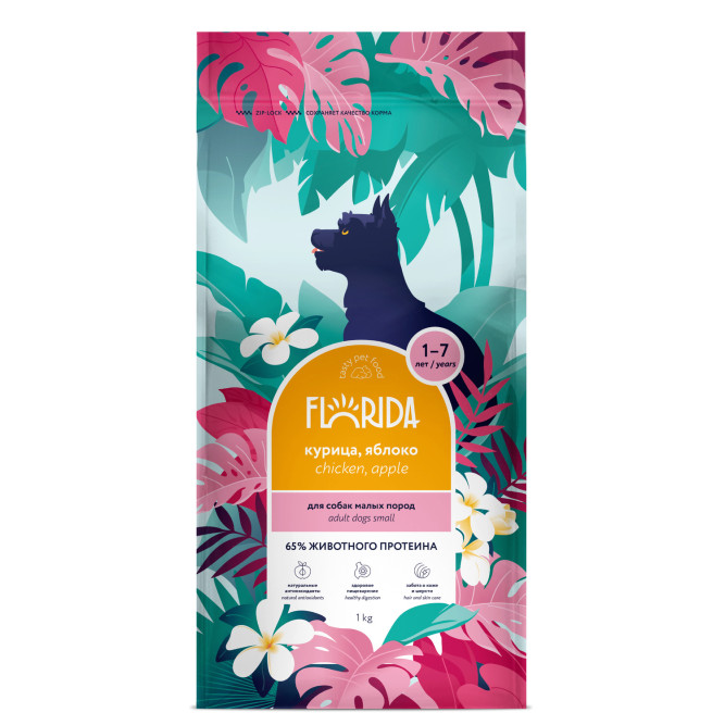 Florida сухой корм для взрослых собак мелких пород с курицей и яблоком - 1 кг