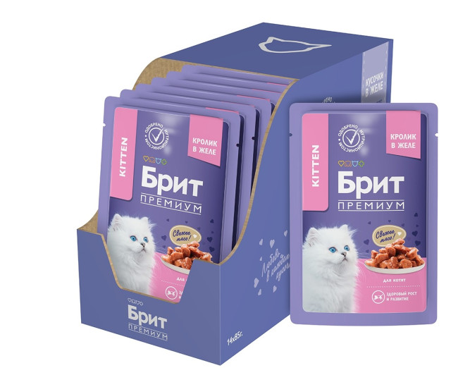 Брит Премиум паучи для котят с кроликом кусочки в желе - 85 г х 14 шт
