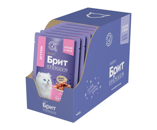 Брит Премиум паучи для котят с кроликом кусочки в желе - 85 г х 14 шт