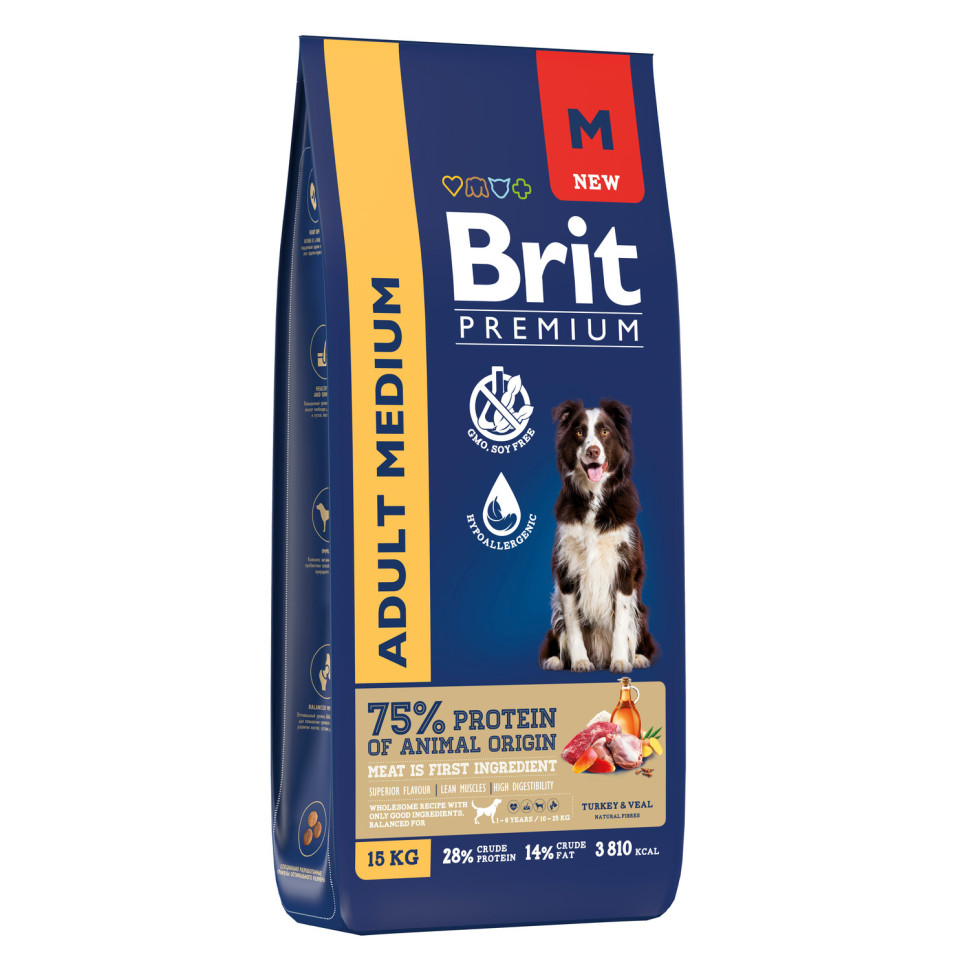 Brit Premium Dog Adult Medium сухой корм для взрослых собак средних пород  (10-25 кг), с индейкой и телятиной - 15 кг - купить в Москве | КотМатрос