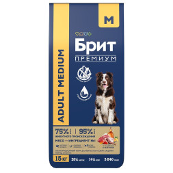 Брит Премиум Dog Adult Medium сухой корм для взрослых собак средних пород (10-25 кг), с индейкой и телятиной - 15 кг