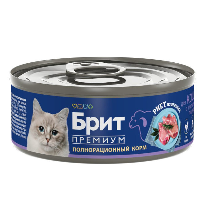 Брит Премиум влажный корм для взрослых кошек с чувствительным пищеварением, риет из ягненка, в консервах - 100 г х 12 шт
