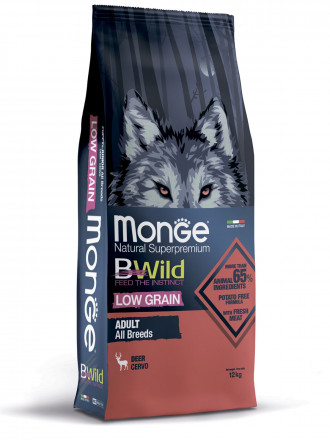 Monge Dog BWild Low Grain сухой низкозерновой корм из мяса оленя для взрослых собак всех пород - 12 кг
